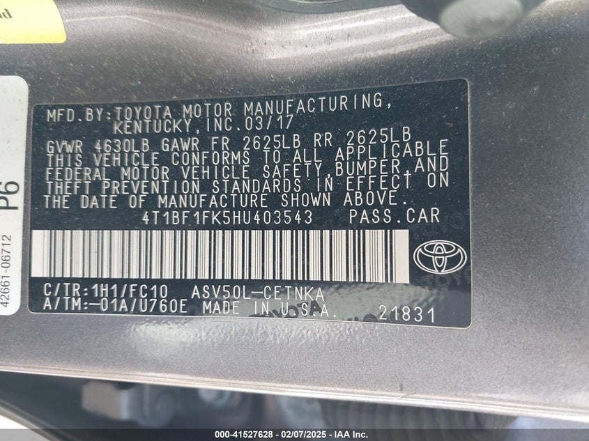2017 TOYOTA CAMRY VIN: 4T1BF1FK5HU403543