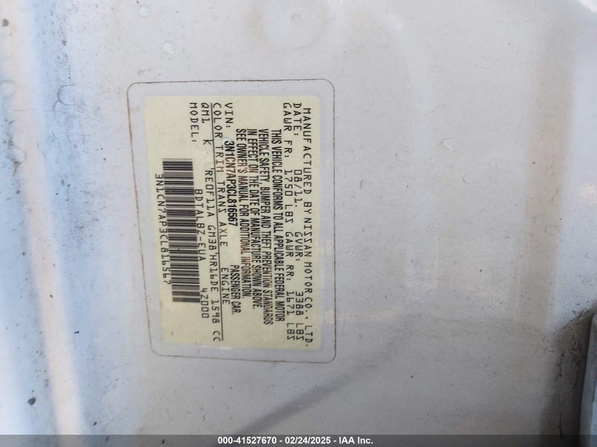 2012 NISSAN VERSA VIN: 3N1CN7AP3CL816567