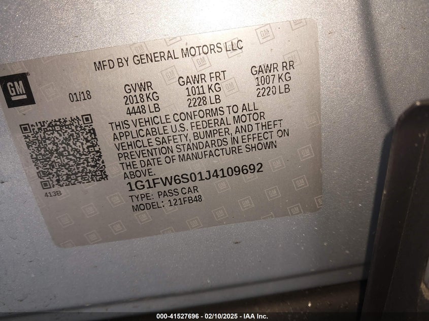 2018 CHEVROLET BOLT EV VIN: 1G1FW6S01J4109692