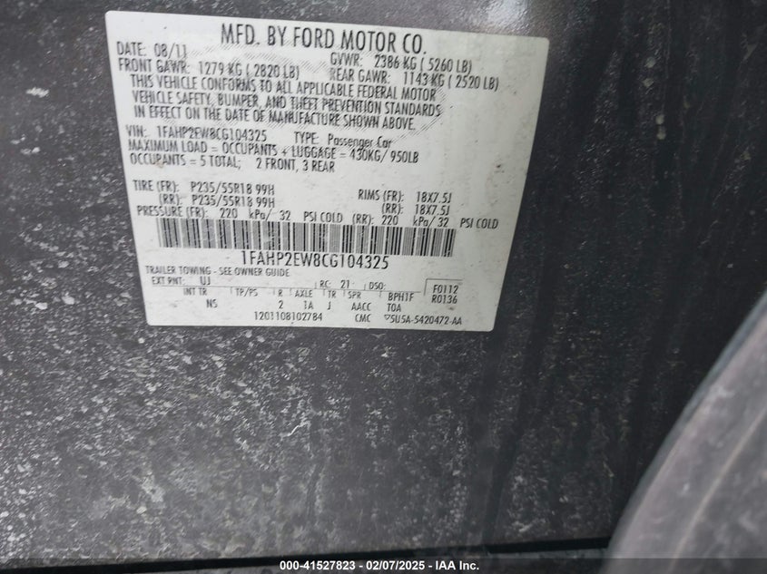 2012 FORD TAURUS VIN: 1FAHP2EW8CG104325