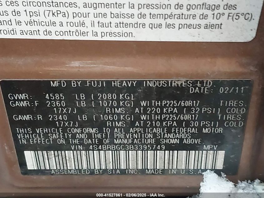 2011 Subaru Outback VIN: 4F4BRBGC3B3395749 Lot: 41527861