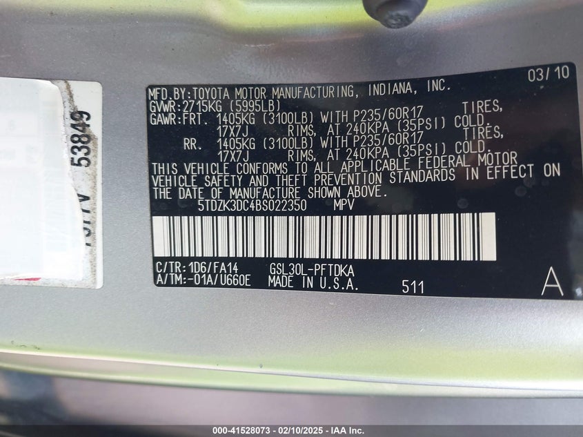 2011 TOYOTA SIENNA VIN: 5TDZK3DC4BS022350