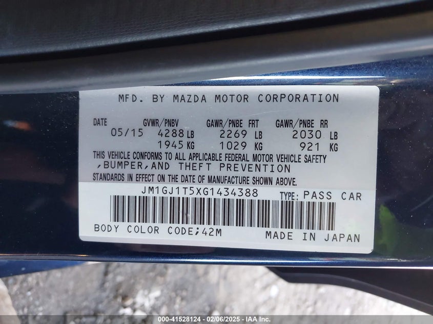 2016 MAZDA MAZDA6 VIN: JM1GJ1T5XG1434388