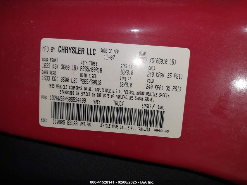 2008 DODGE DAKOTA VIN: 1D7HW58N58S534499