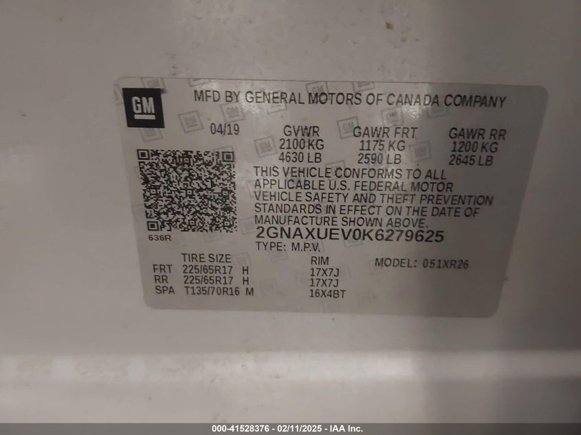 2019 CHEVROLET EQUINOX VIN: 2GNAXUEV0K6279625