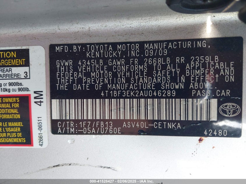 2010 TOYOTA CAMRY VIN: 4T1BF3EK2AU046289