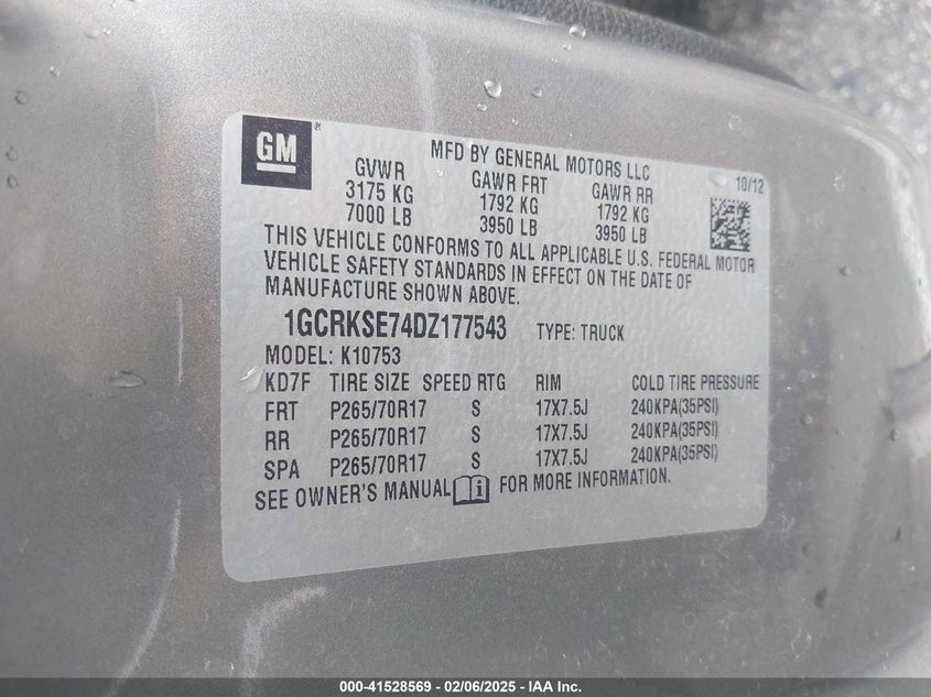 2013 CHEVROLET SILVERADO VIN: 1GCRKSE74DZ177543