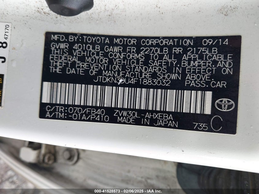 2015 TOYOTA PRIUS VIN: JTDKN3DU4F1883032