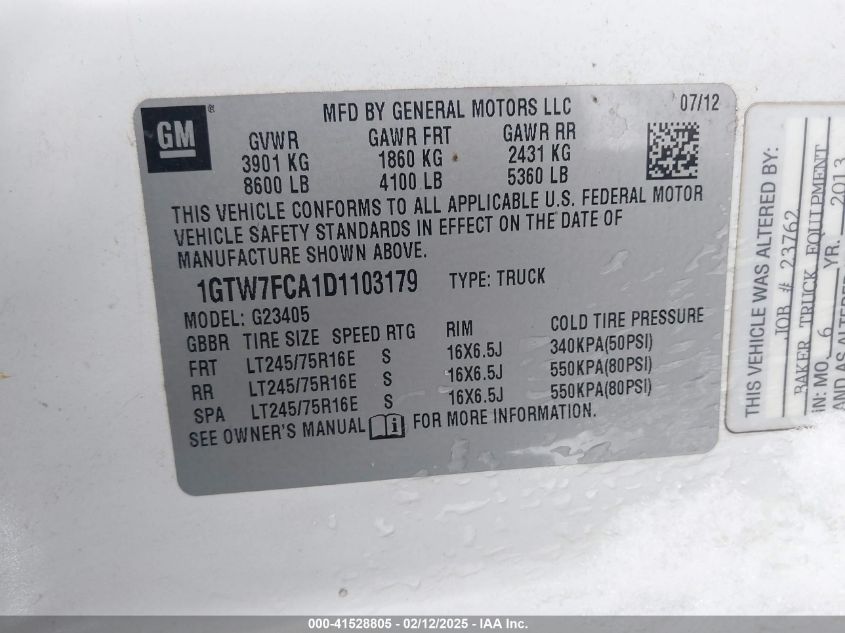 2013 GMC Savana 2500 Work Van VIN: 1GTW7FCA1D1103179 Lot: 41528805