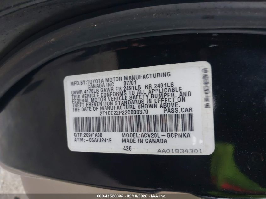 2002 Toyota Camry Solara Se VIN: 2T1CE22P22C00370 Lot: 41528835