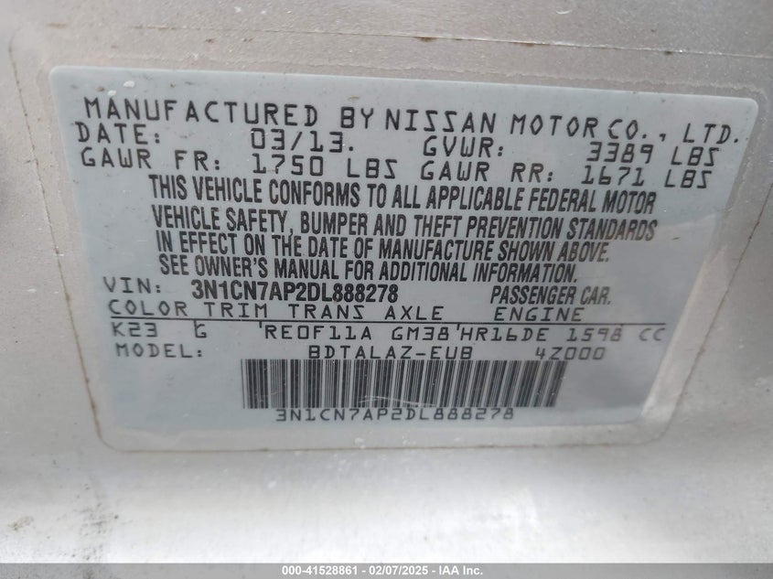 2013 NISSAN VERSA VIN: 3N1CN7AP2DL888278
