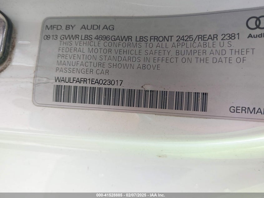 2014 AUDI A5 VIN: WAULFAFR1EA023017