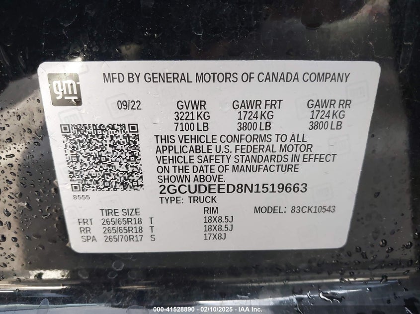 2022 CHEVROLET SILVERADO 1500 5.3L V-8 DI, VVT, 35(VIN: 2GCUDEED8N1519663