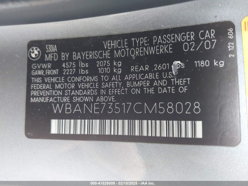 2007 BMW 530I VIN: WBANE73517CM58028 Lot: 41529009