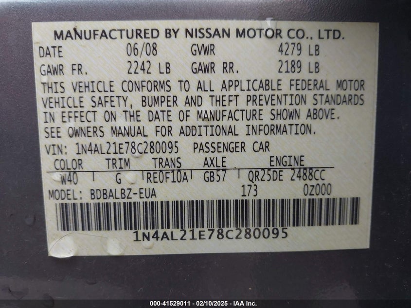 2008 NISSAN ALTIMA VIN: 1N4AL21E78C280095