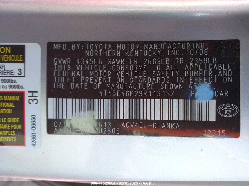 2009 TOYOTA CAMRY VIN: 4T4BE46K29R113157