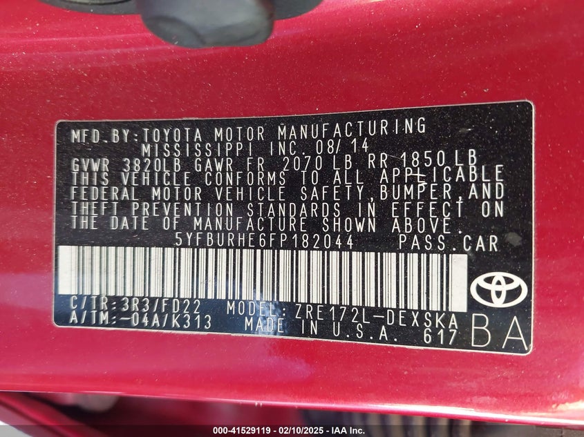 2015 TOYOTA COROLLA VIN: 5YFBURHE6FP182044