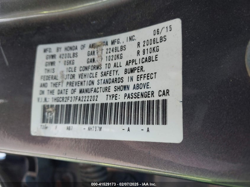 2015 HONDA ACCORD VIN: 1HGCR2F37FA222202