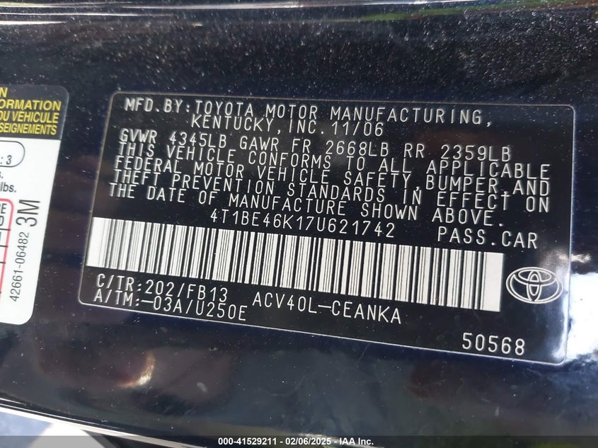 2007 TOYOTA CAMRY VIN: 4T1BE46K17U621742
