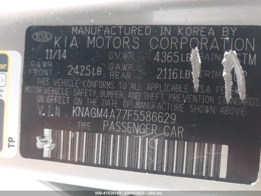 2015 KIA OPTIMA VIN: KNAGM4A77F5586629