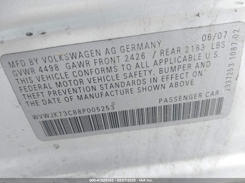 2008 VOLKSWAGEN PASSAT VIN: WVWJK73C88P005253