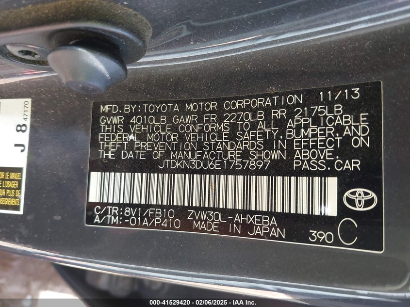2014 TOYOTA PRIUS VIN: JTDKN3DU6E1757897