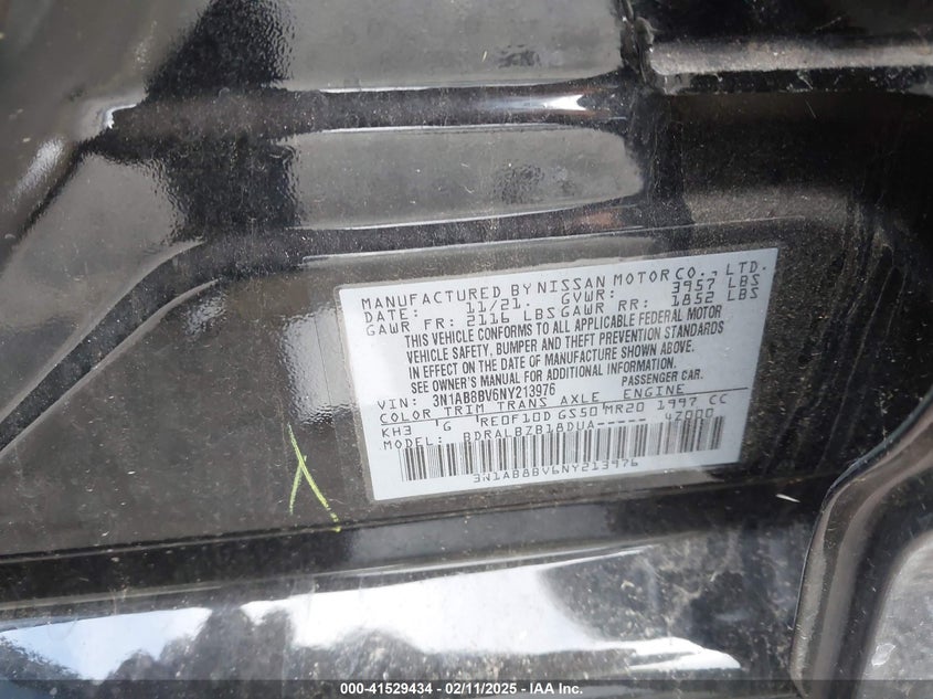 2022 NISSAN SENTRA(VIN: 3N1AB8BV6NY213976