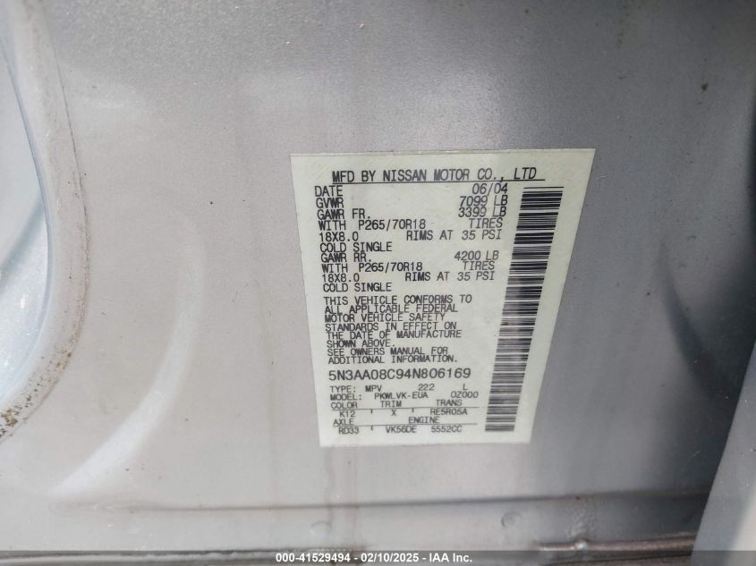 2004 Infiniti Qx56 VIN: 5N3AA08C94N806169 Lot: 41529494