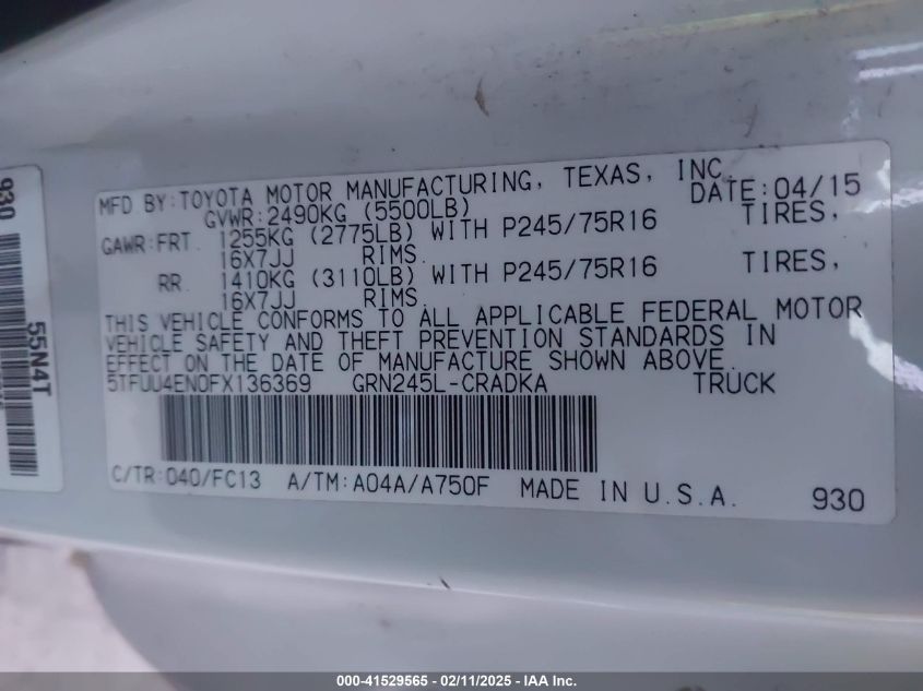2015 Toyota Tacoma Base V6 VIN: 5TFUU4EN0FX136369 Lot: 43203060