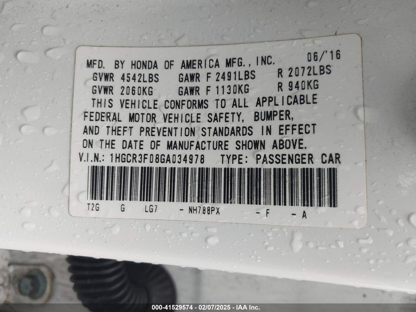 2016 HONDA ACCORD VIN: 1HGCR3F08GA034978