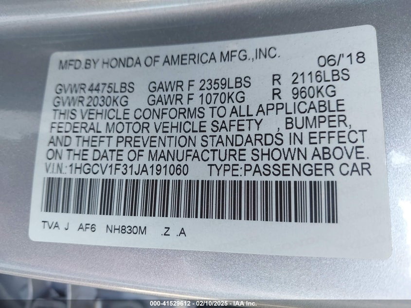 2018 HONDA ACCORD VIN: 1HGCV1F31JA191060