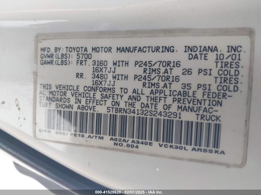 2002 Toyota Tundra Sr5 VIN: 5TBRN34132F243291 Lot: 41529620