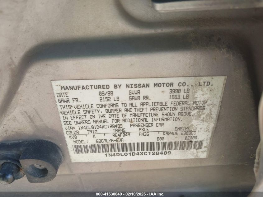 1999 Nissan Altima Gle/Gxe/Se/Se-L/Xe VIN: 1N4DL01D4XC128489 Lot: 41530040