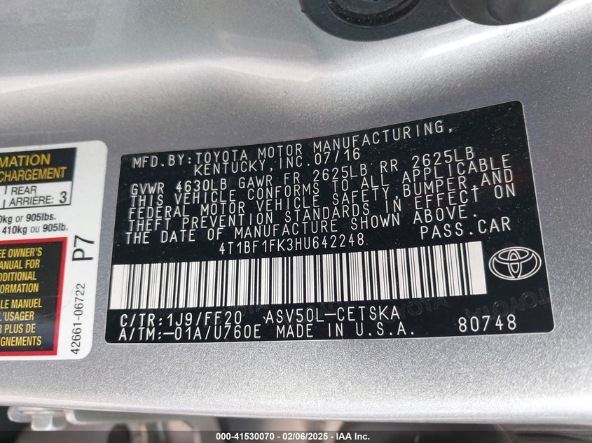 2017 TOYOTA CAMRY VIN: 4T1BF1FK3HU642248