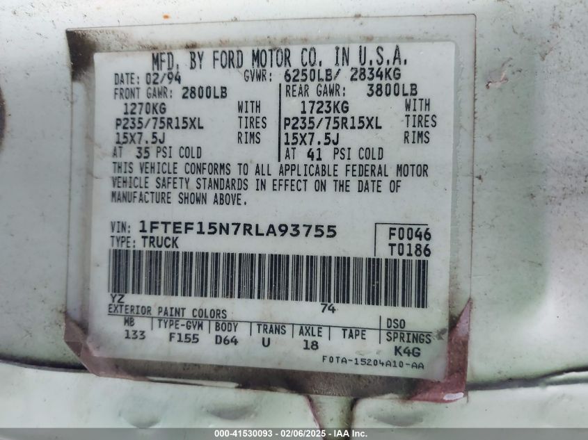 1994 Ford F150 VIN: 1FTEF15N7RLA93755 Lot: 41530093