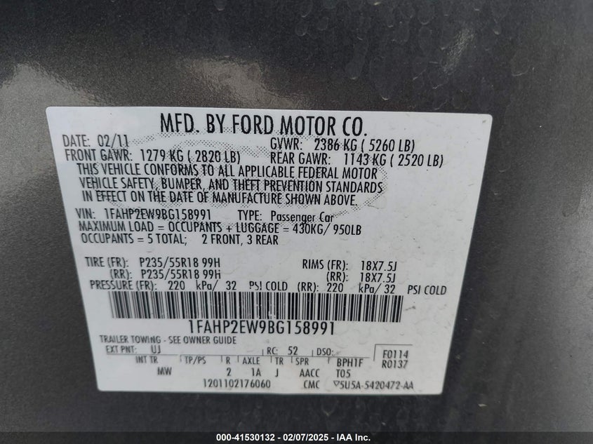 2011 FORD TAURUS VIN: 1FAHP2EW9BG158991