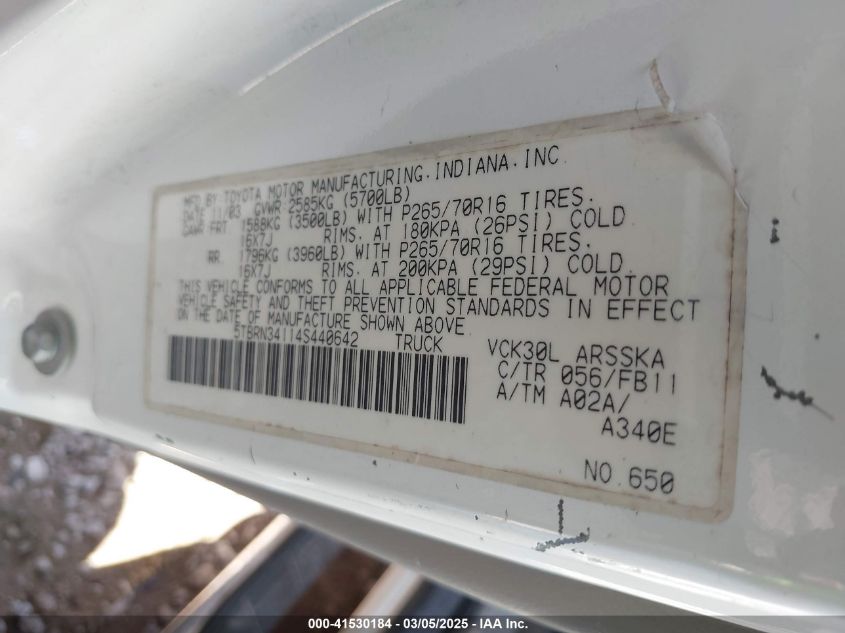 2004 Toyota Tundra Sr5 VIN: 5TBRN34114S440642 Lot: 41530184