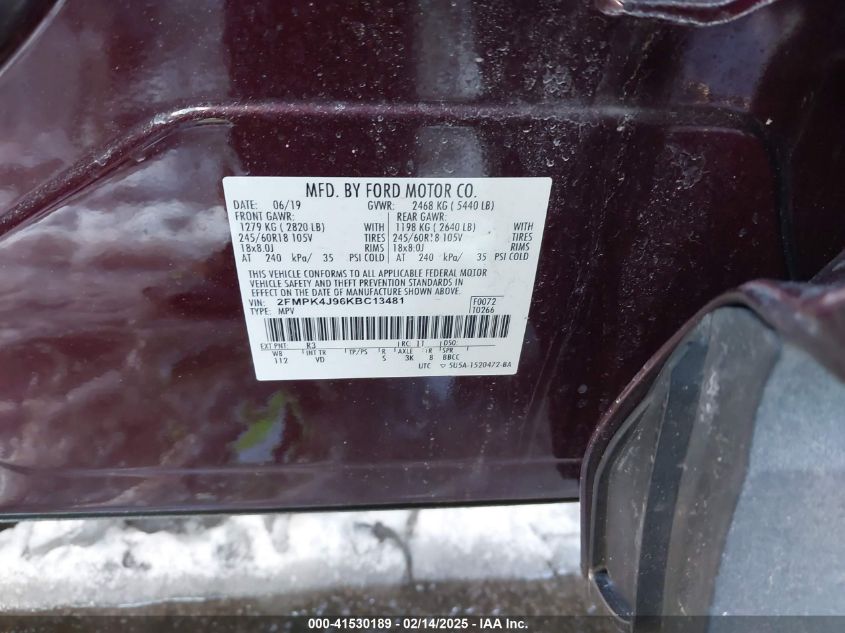 2019 Ford Edge Sel VIN: 2FMPK4J96KBC13481 Lot: 41530189