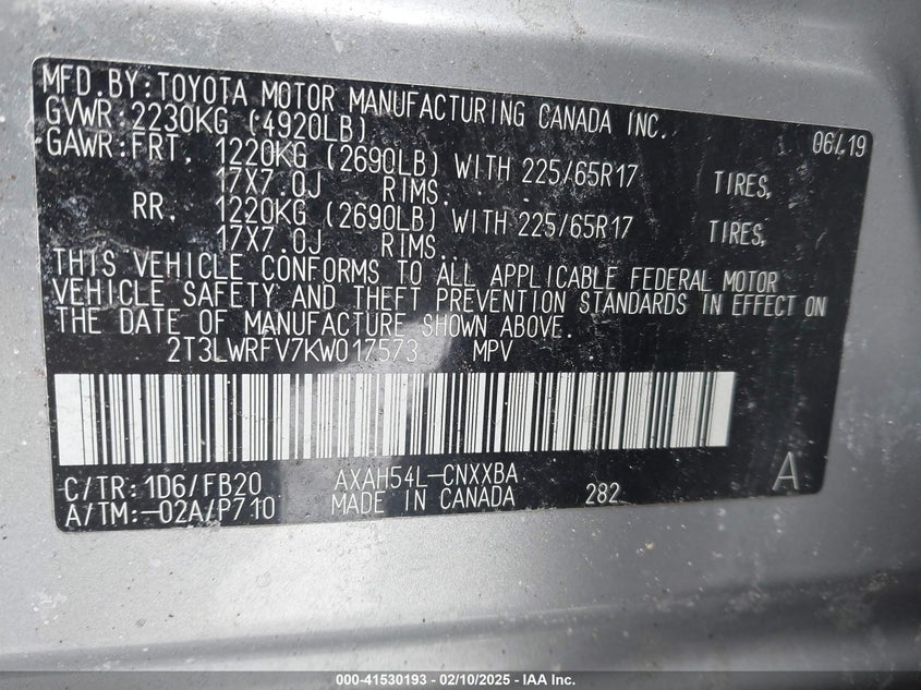 2019 TOYOTA RAV4 HYBRID LE - 2T3LWRFV7KW017573