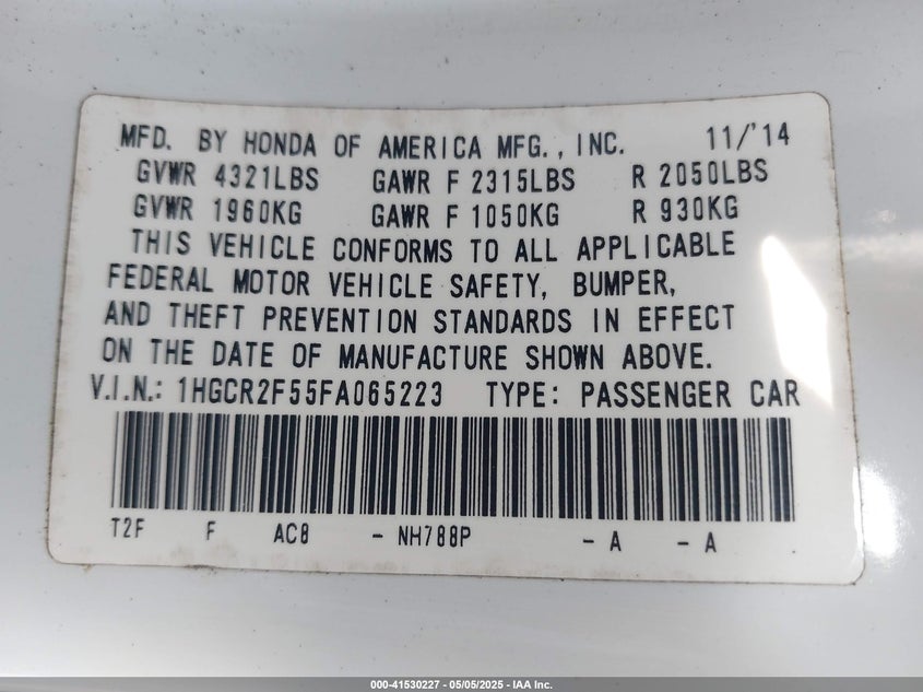 2015 HONDA ACCORD VIN: 1HGCR2F55FA065223