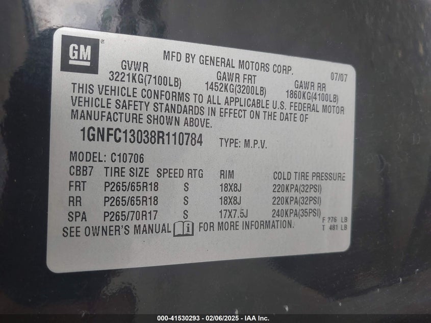2008 Chevrolet Tahoe Lt VIN: 1GNFC13038R110784 Lot: 41530293