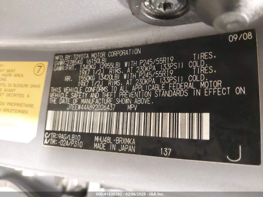 2009 Toyota Highlander Hybrid Limited VIN: JTEEW44A892026437 Lot: 41530393