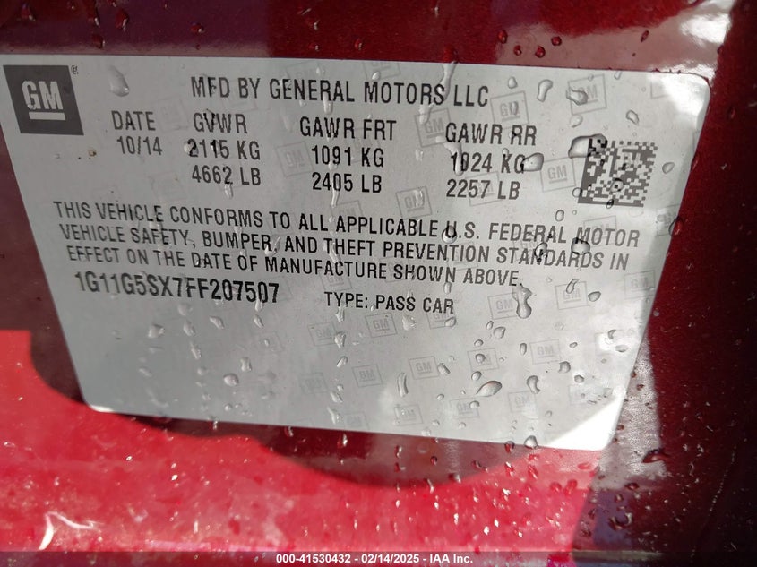 2015 CHEVROLET MALIBU VIN: 1G11G5SX7FF207507