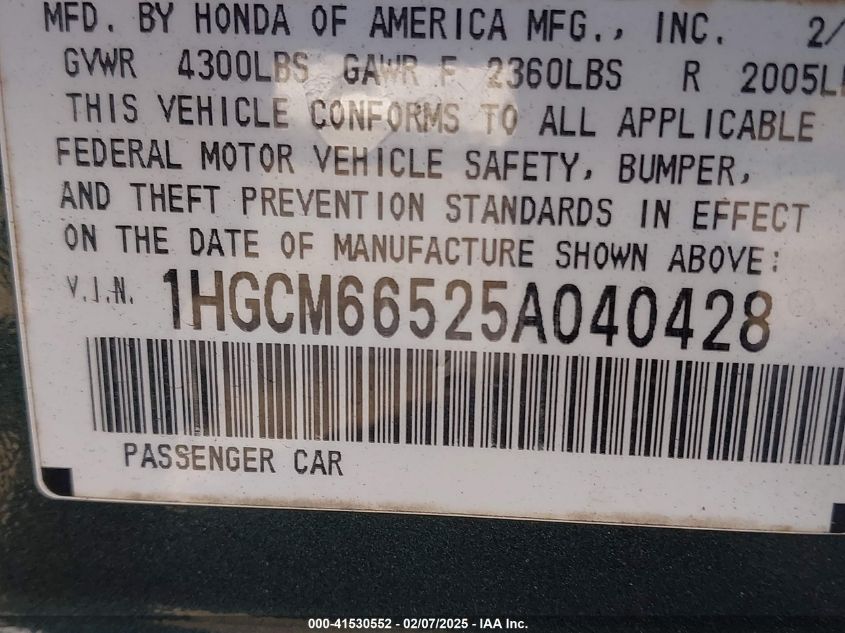 2005 Honda Accord 3.0 Ex VIN: 1HGCM66525A040428 Lot: 41530552