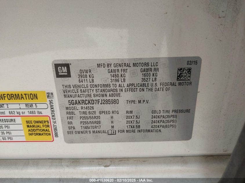 2015 Buick Enclave Premium VIN: 5GAKRCKD7FJ285980 Lot: 41530620