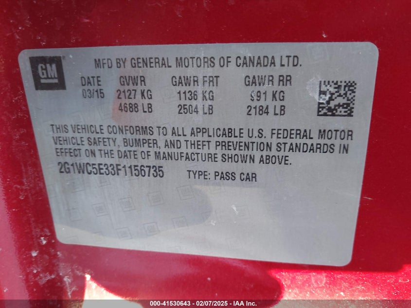 2015 CHEVROLET IMPALA LIMITED VIN: 2G1WC5E33F1156735