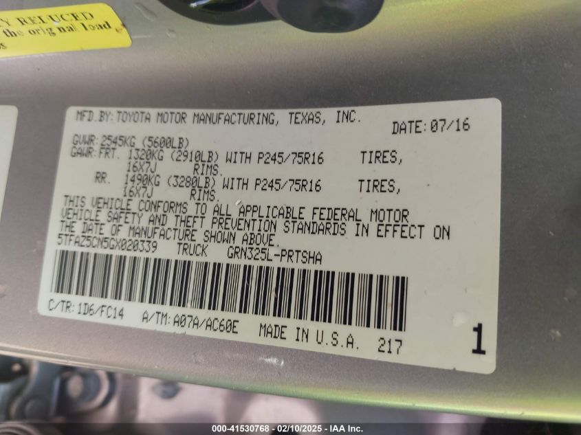 2016 Toyota Tacoma Sr5 V6 VIN: 5TFAZ5CN5GX020339 Lot: 41530768