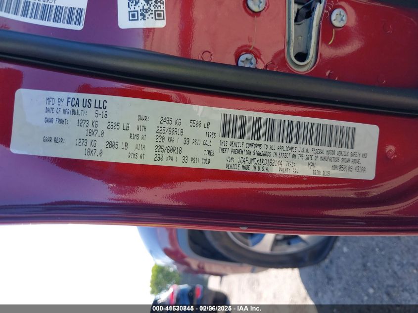 2019 Jeep Cherokee Limited 4X4 VIN: 1C4PJMDX1KD162144 Lot: 41530845