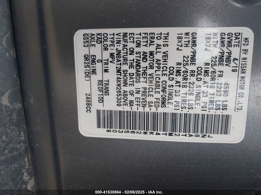 2019 Nissan Rogue Sv VIN: JN8AT2MT4KW265309 Lot: 41530864