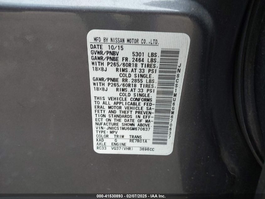 2016 Infiniti Qx70 VIN: JN8CS1MU6GM670637 Lot: 41530893